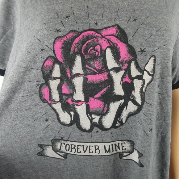 Torrid Plus Size Forever Mine Rose Skeleton Hand Ringer Graphic Tee T Shirt Grey - Picture 1 of 8